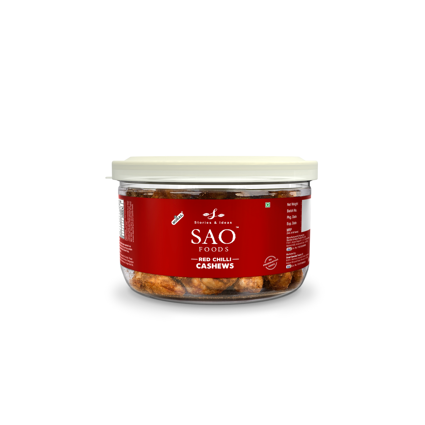 SAO Foods Red Chilli Cashews 100 gm | Tin Cap PET Jar