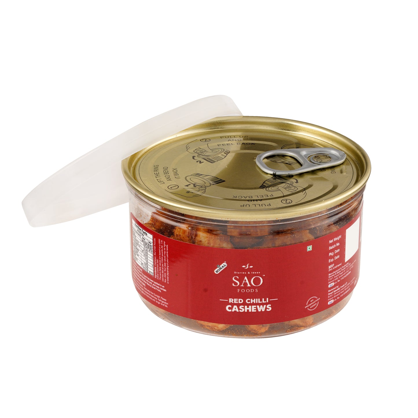 SAO Foods Red Chilli Cashews 100 gm | Tin Cap PET Jar