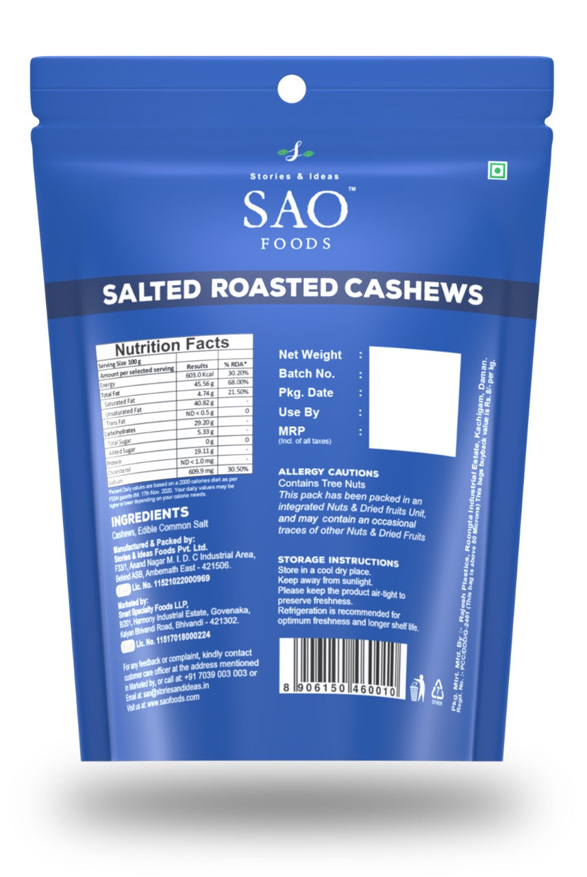 SAO FOODS Roasted & Salted Cashews Rs.20 each (10 small snacking packs of 12gm each)