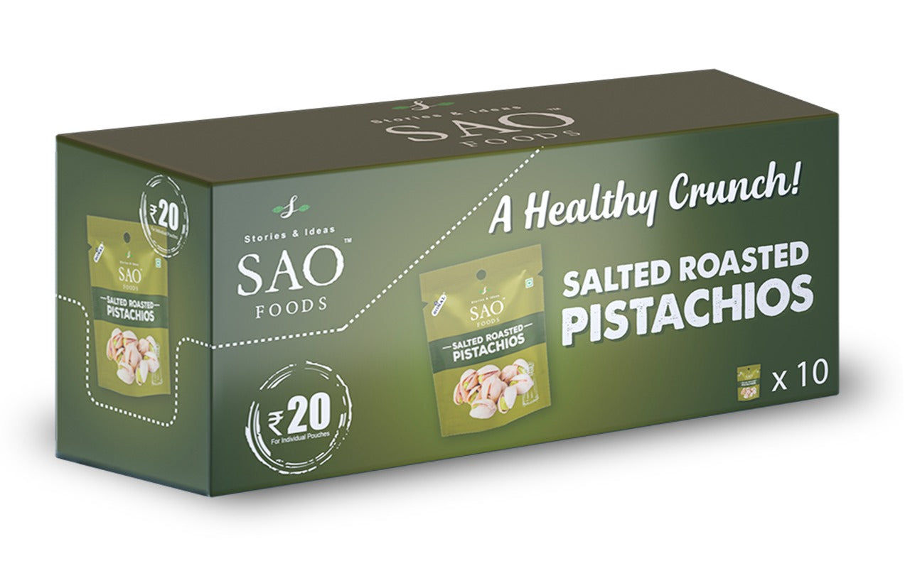 SAO FOODS Roasted & Salted Pistachios Rs.20 each (10 small snacking packs of 10gm each)