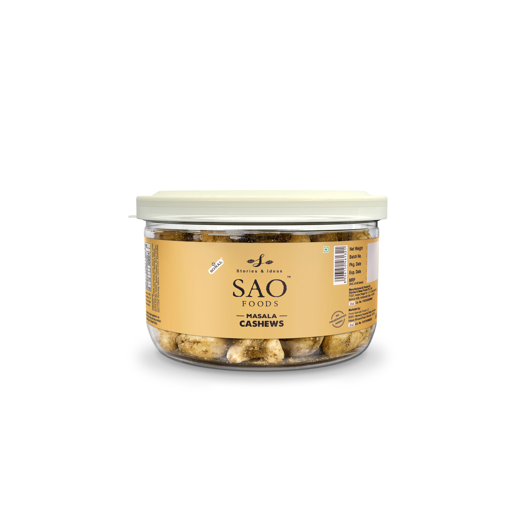 SAO FOODS Masala Roasted Cashews 80 gm | Tin Cap PET Jar - SAO Foods # #
