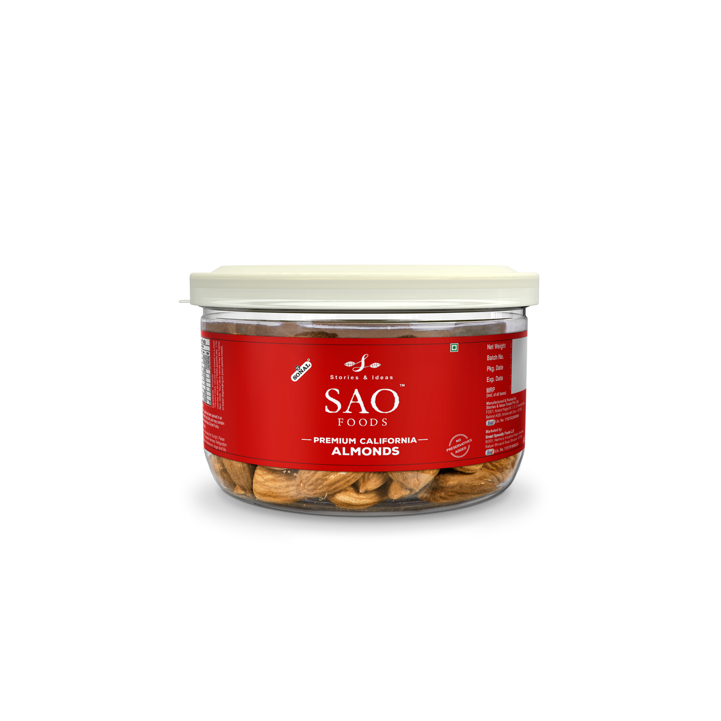 SAO Foods Premium California Almonds 100 gm | Tin Cap PET Jar