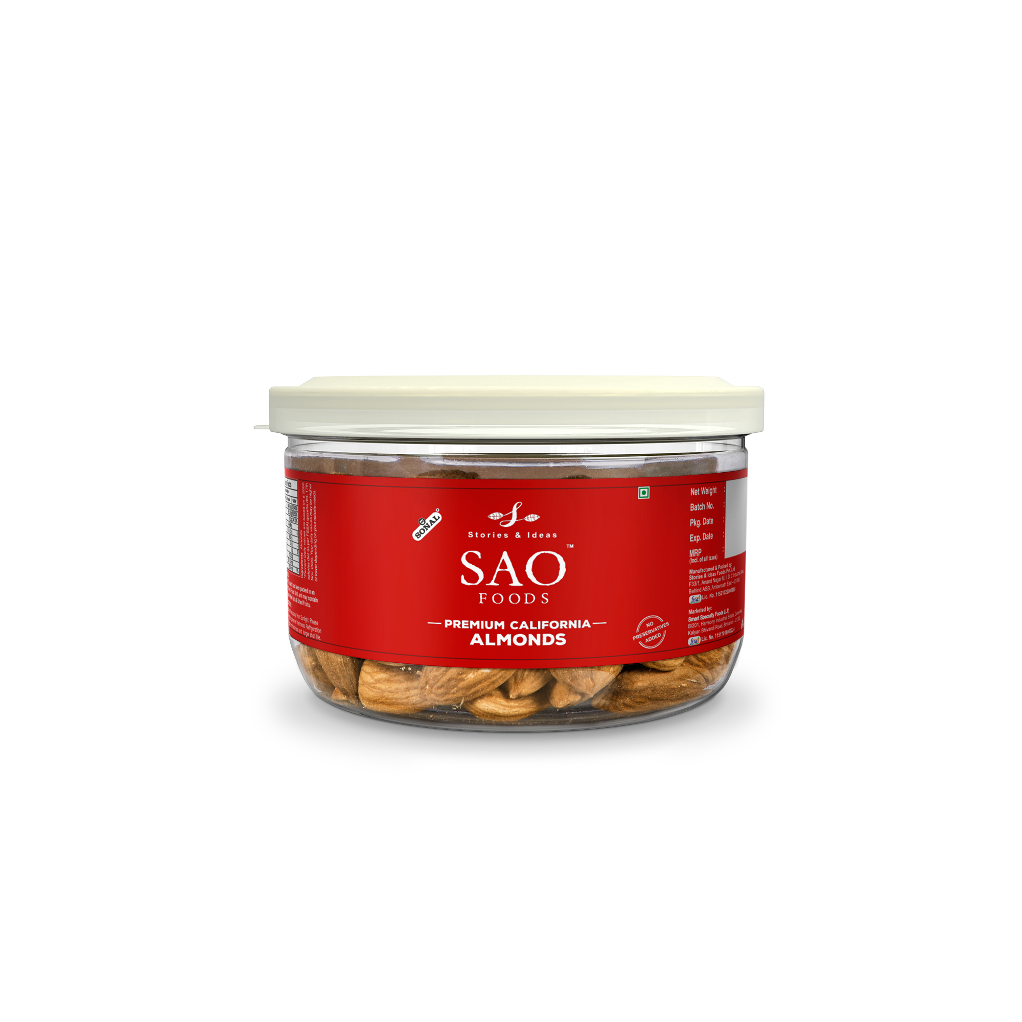SAO FOODS Roasted & Unsalted Premium California Almonds 110 gm | Tin Cap PET Jar | Jumbo Size - SAO Foods # #