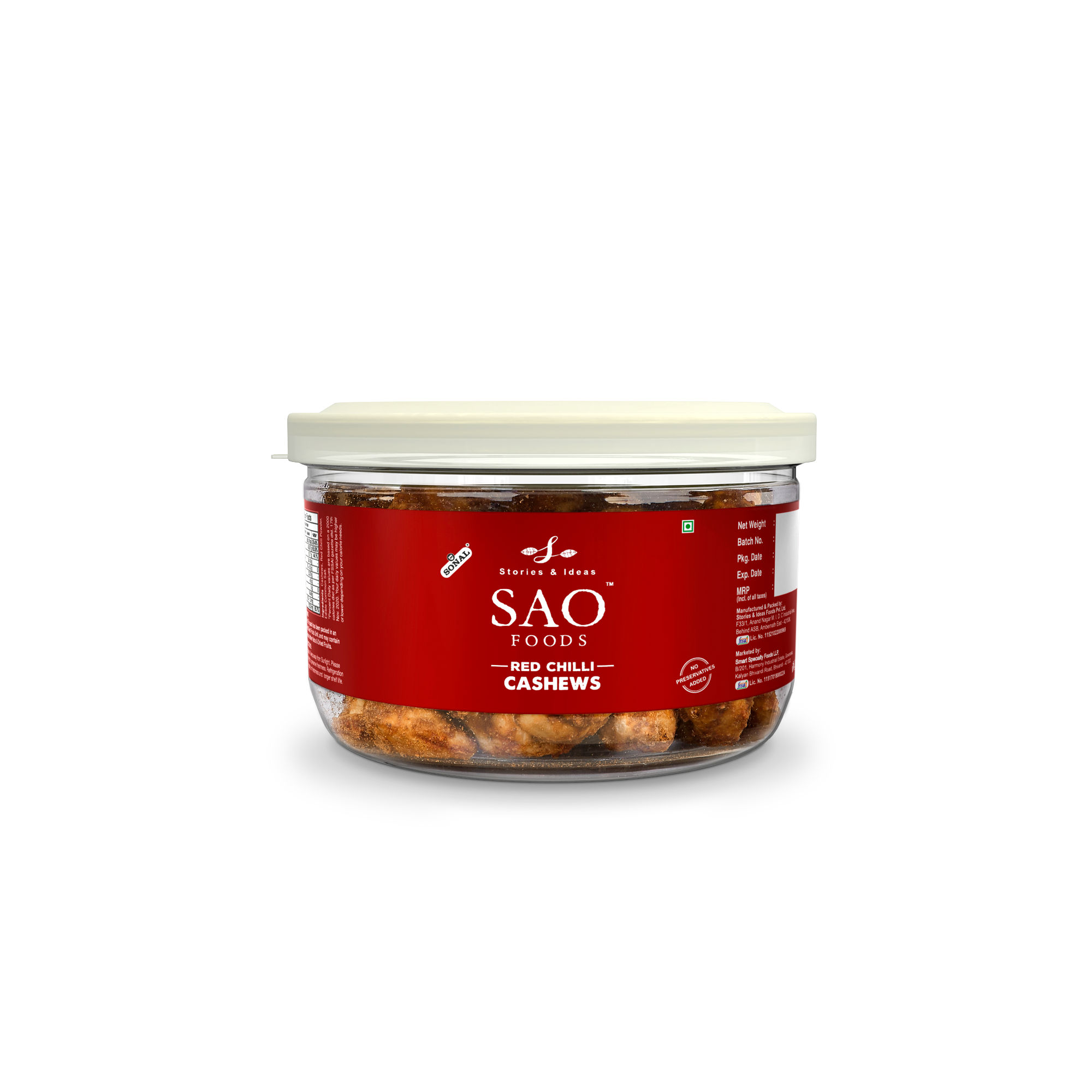 SAO FOODS Red Chilli  Cashews 80 gm | Tin Cap PET Jar - SAO Foods # #