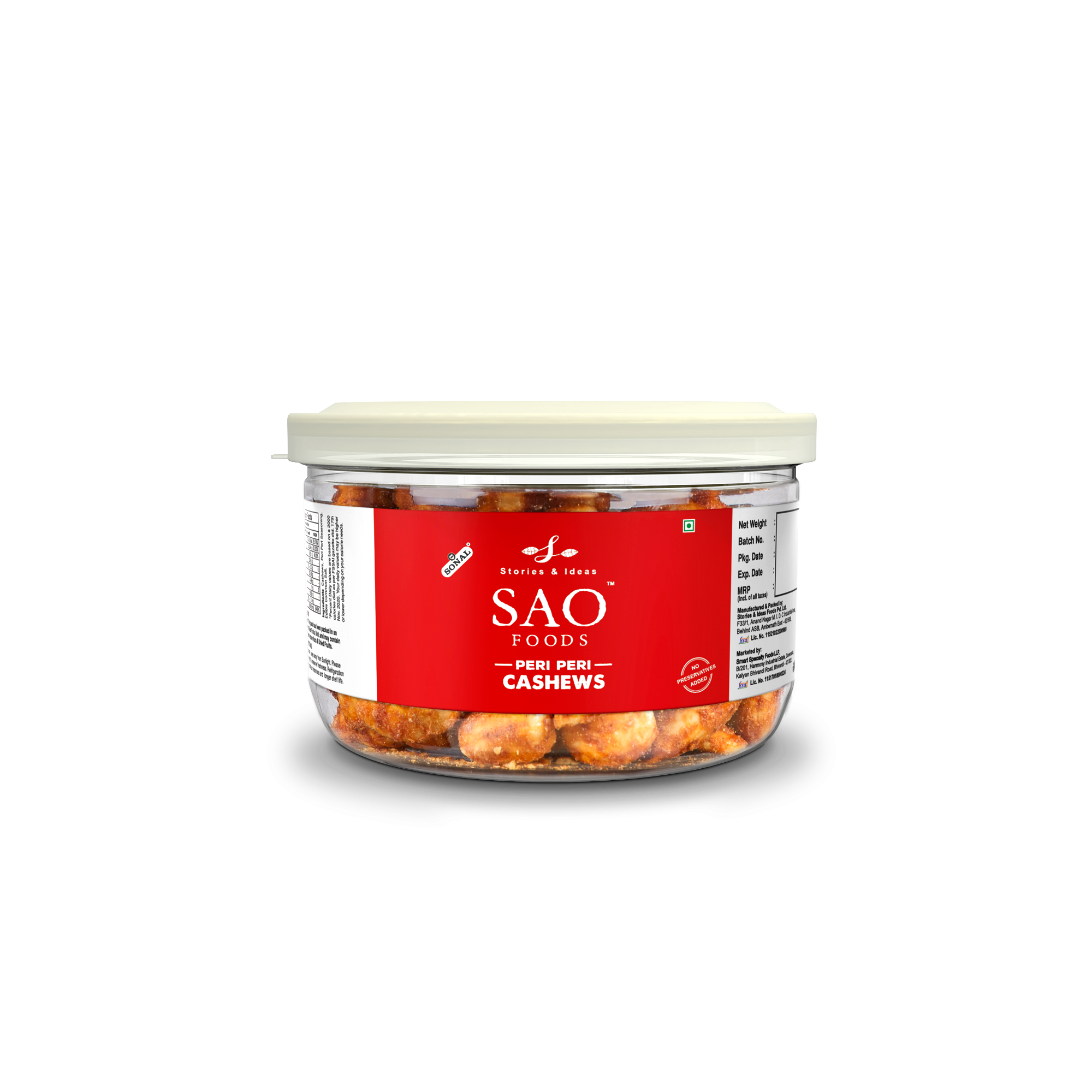 SAO FOODS Peri Peri Roasted Cashews 80 gm | Tin Cap PET Jar - SAO Foods # #