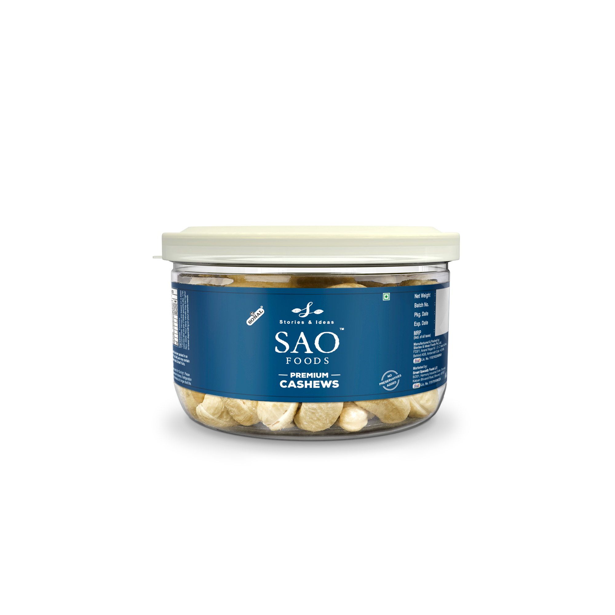 SAO FOODS Roasted & Unsalted Premium Cashews 80 gm | Tin Cap PET Jar - SAO Foods # #
