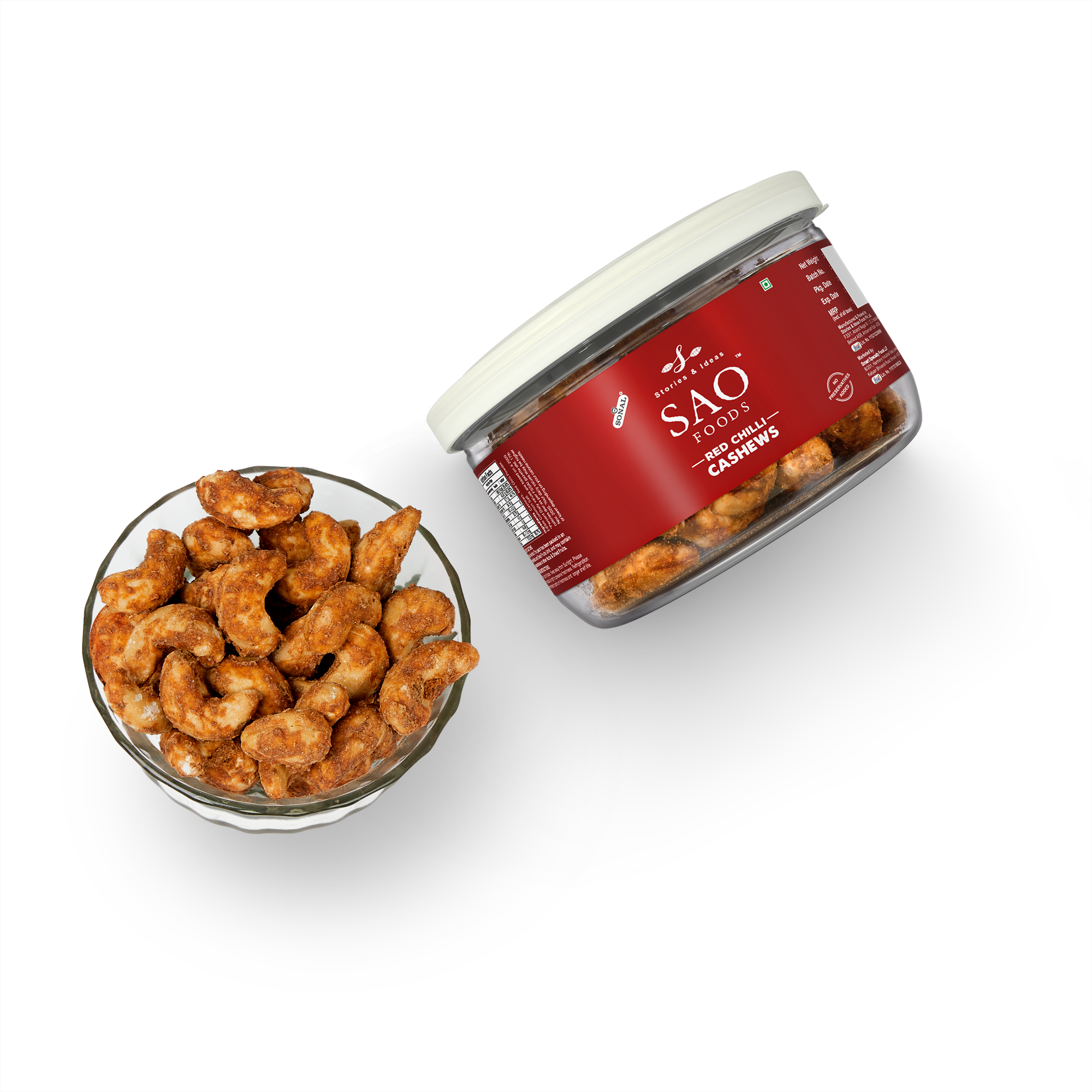 SAO FOODS Red Chilli  Cashews 80 gm | Tin Cap PET Jar - SAO Foods # #