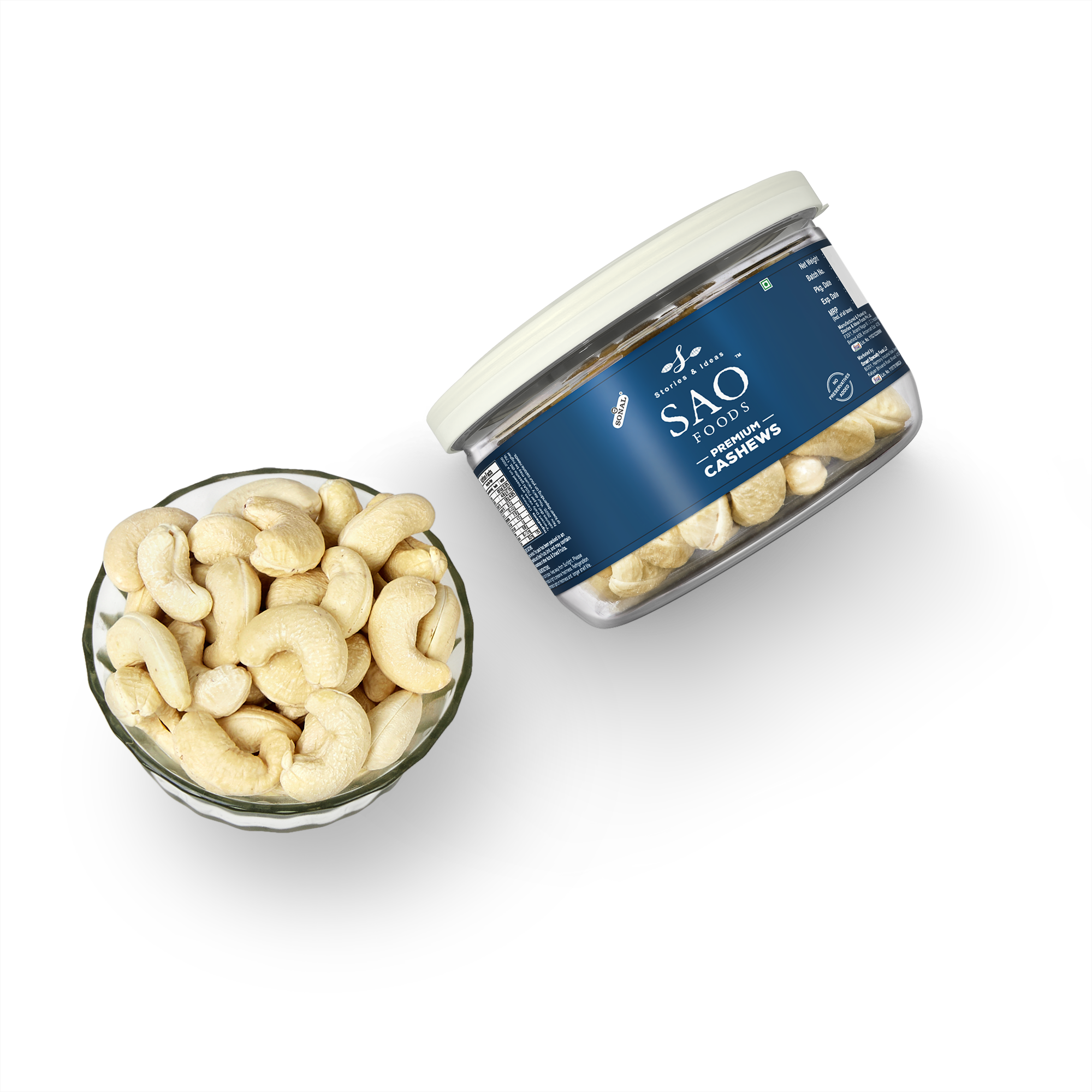 SAO FOODS Roasted & Unsalted Premium Cashews 80 gm | Tin Cap PET Jar - SAO Foods # #