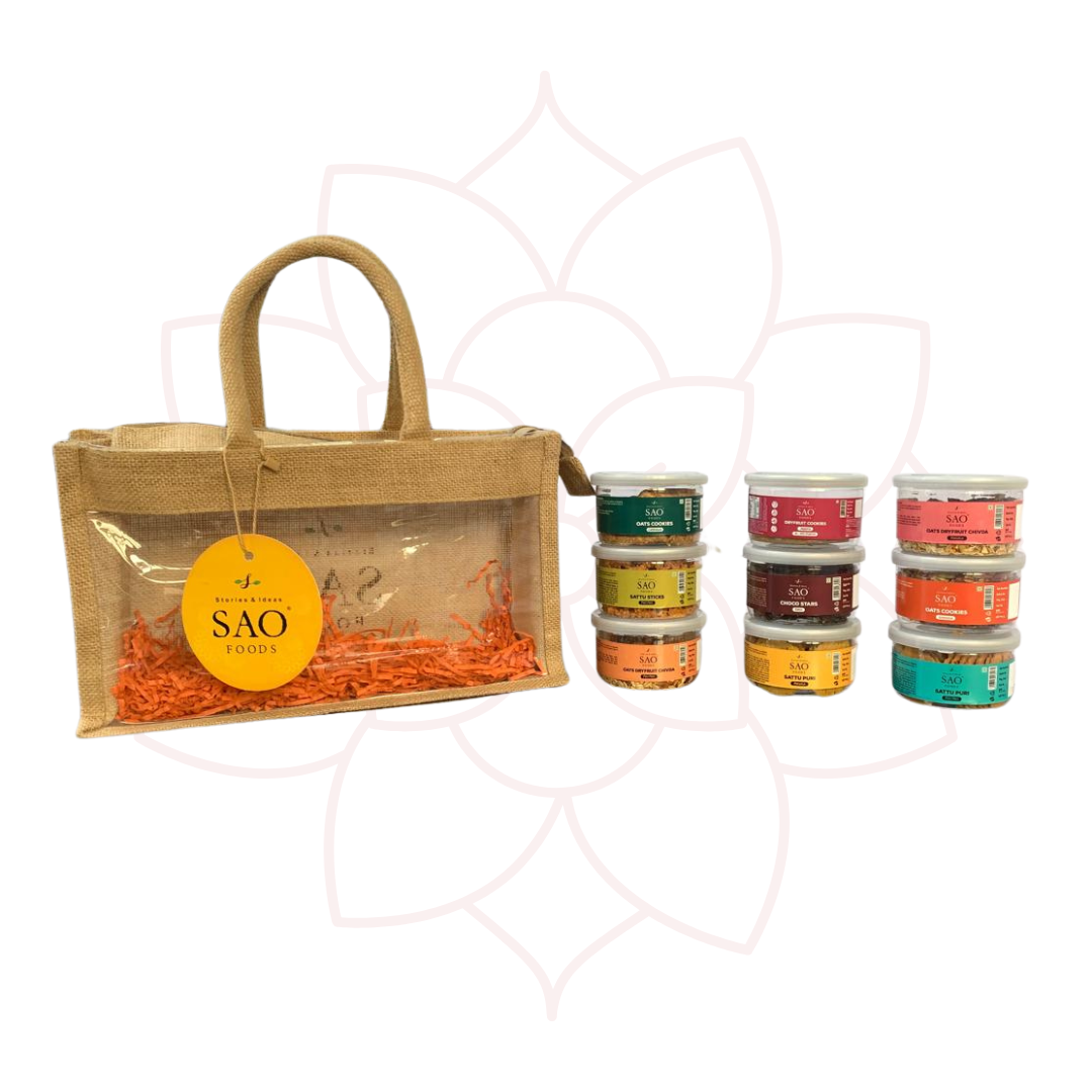 SAO Foods Gift Pack of 9 jars | Jute Bag Savouries