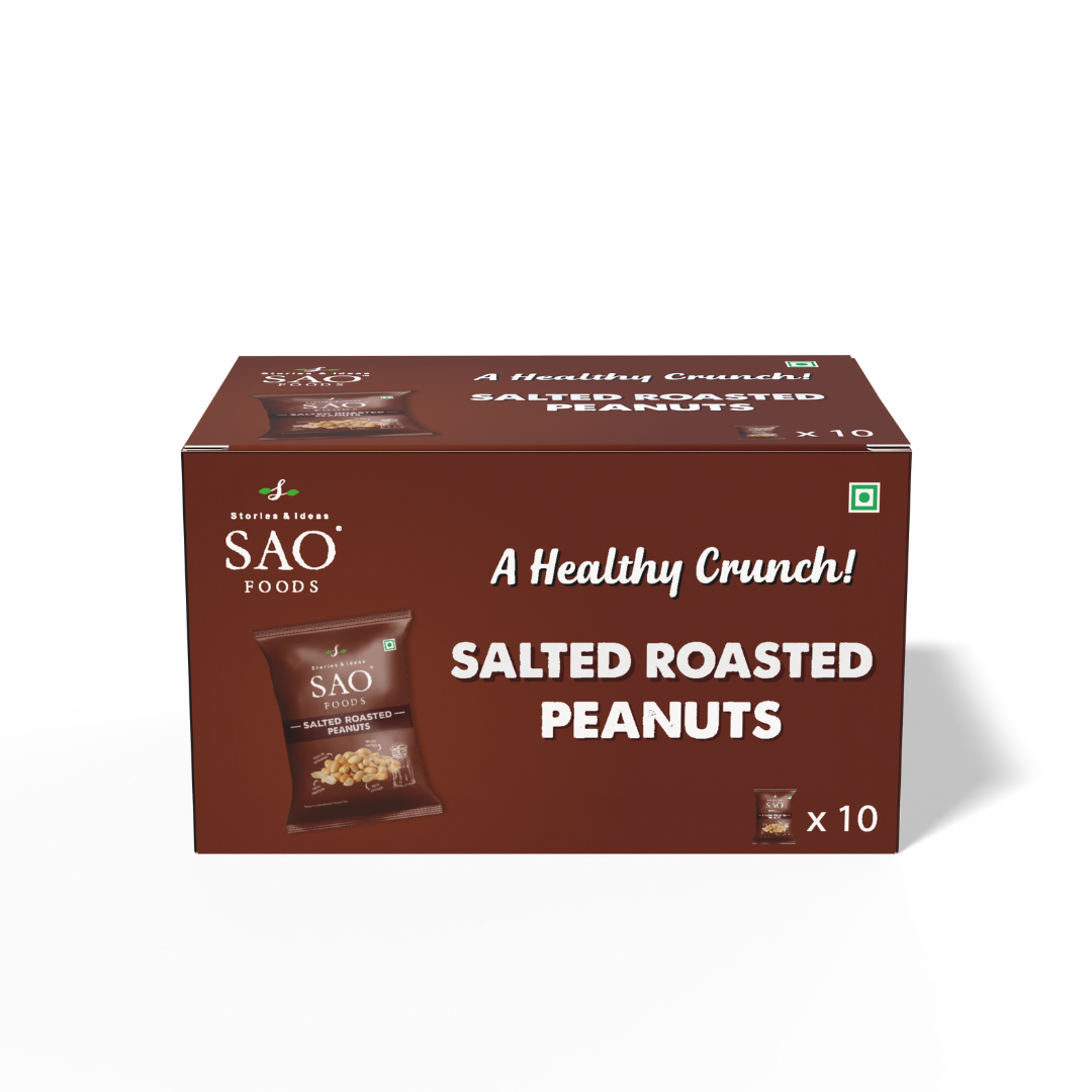 A box of SAO Foods Salted Roasted Peanuts containing 10 small packs.