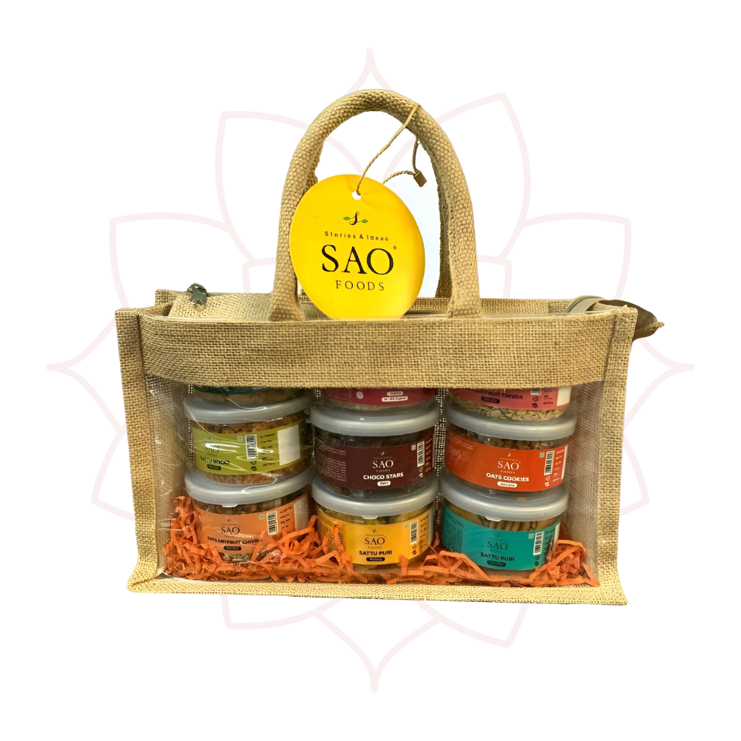 SAO Foods Gift Pack of 9 jars | Jute Bag Savouries
