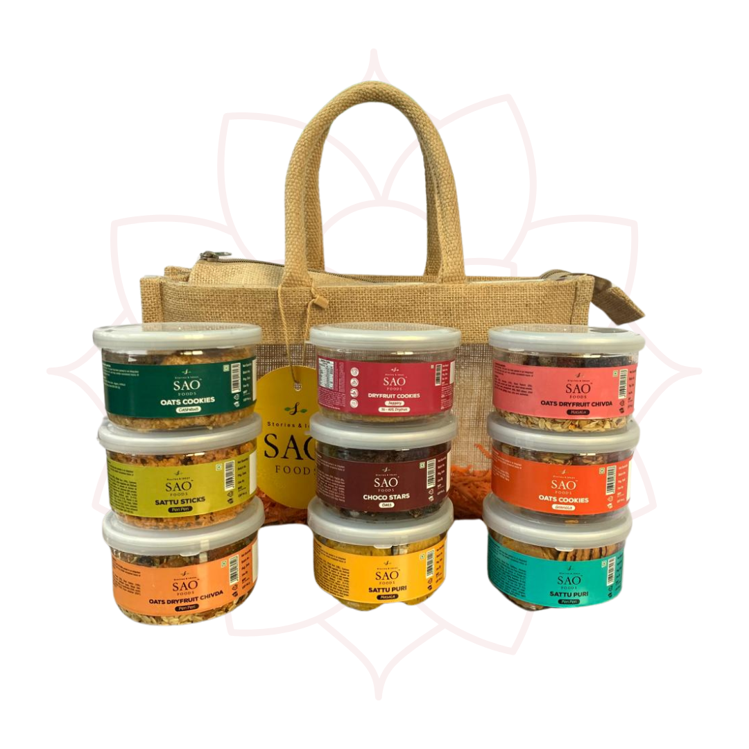 SAO Foods Gift Pack of 9 jars | Jute Bag Savouries