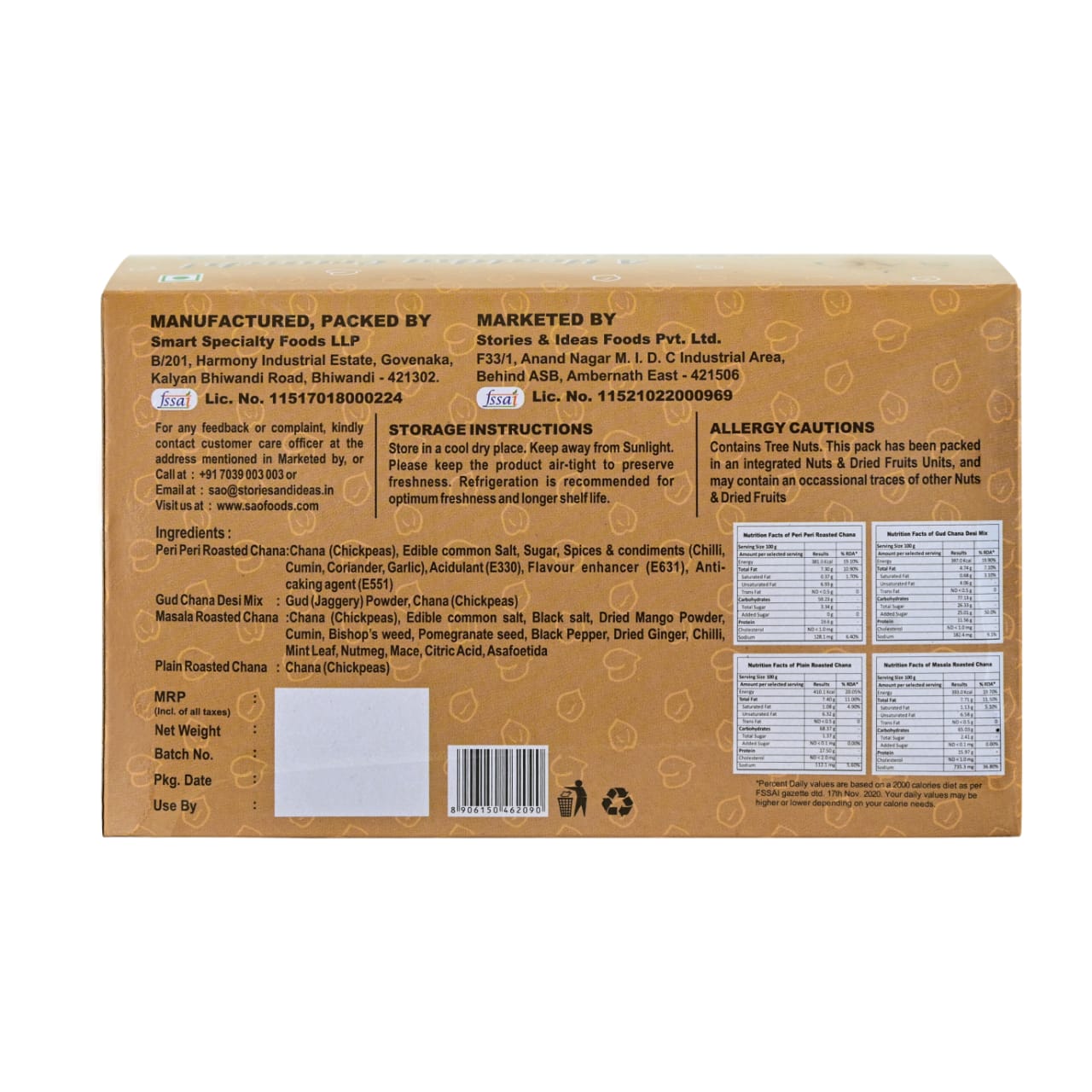 Back side of SAO Foods assorted chana - 400g in 10 small packs