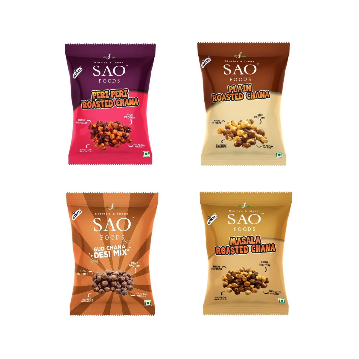 4 flavour of SAO Foods Chana Assorted | peri peri chana, plain roasted chana, gud chana, masala roasted chana