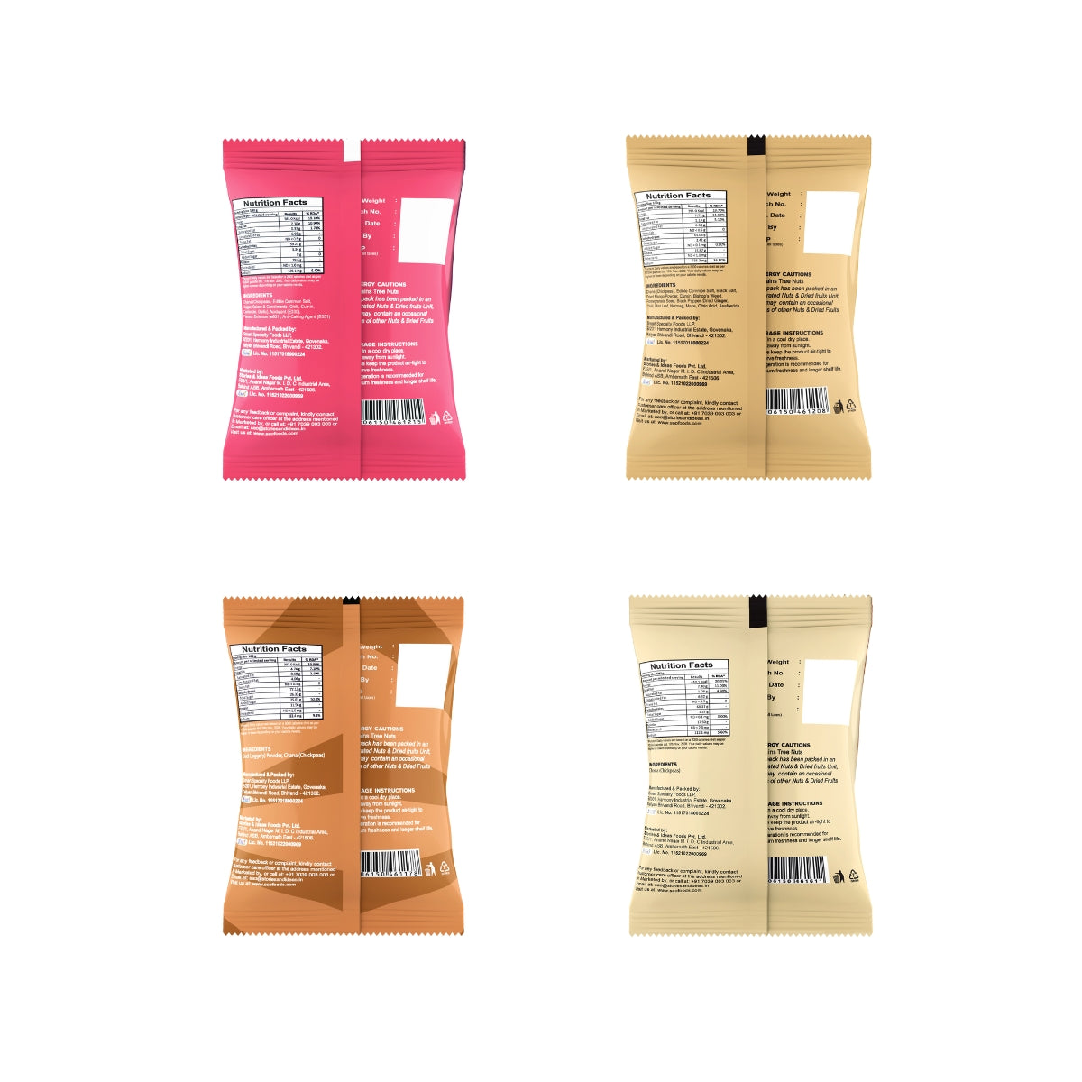 Back side of 4 flavour of SAO Foods Chana Assorted | peri peri chana, plain roasted chana, gud chana, masala roasted chana