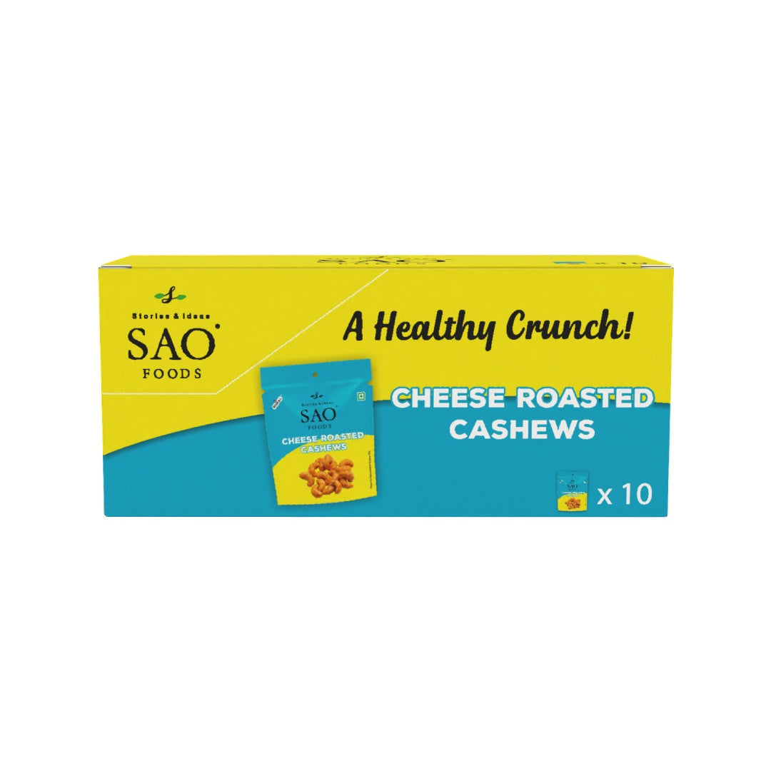 Packaging for Sao Foods Cheese Roasted Cashews, featuring a yellow and blue design