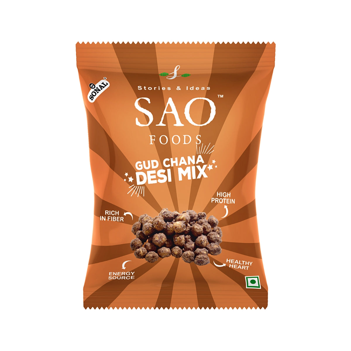 Front side of SAO Foods Gud chana (Jaggery chickpeas) small pack of 40g 