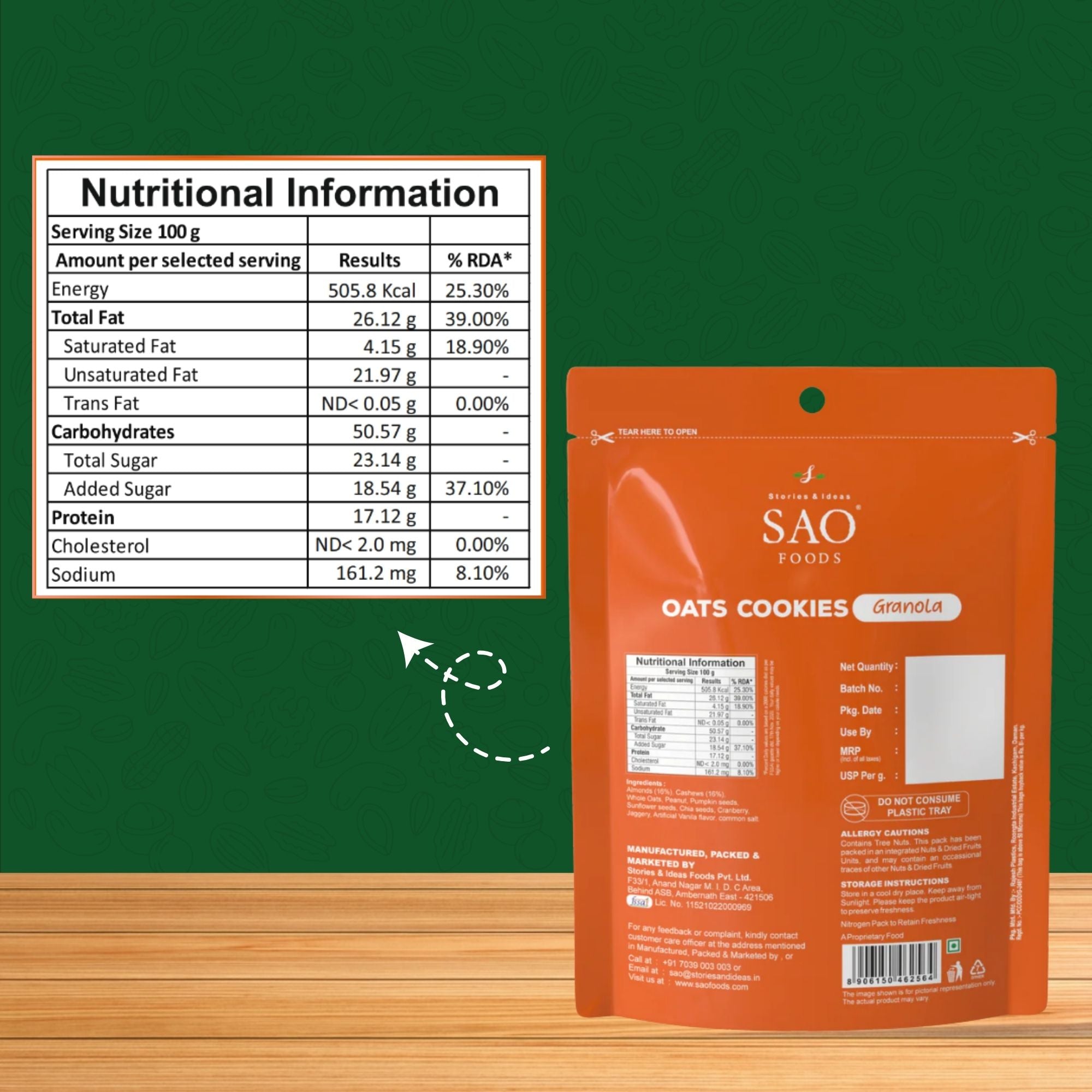 SAO Foods Oats Cookies with nutritional information