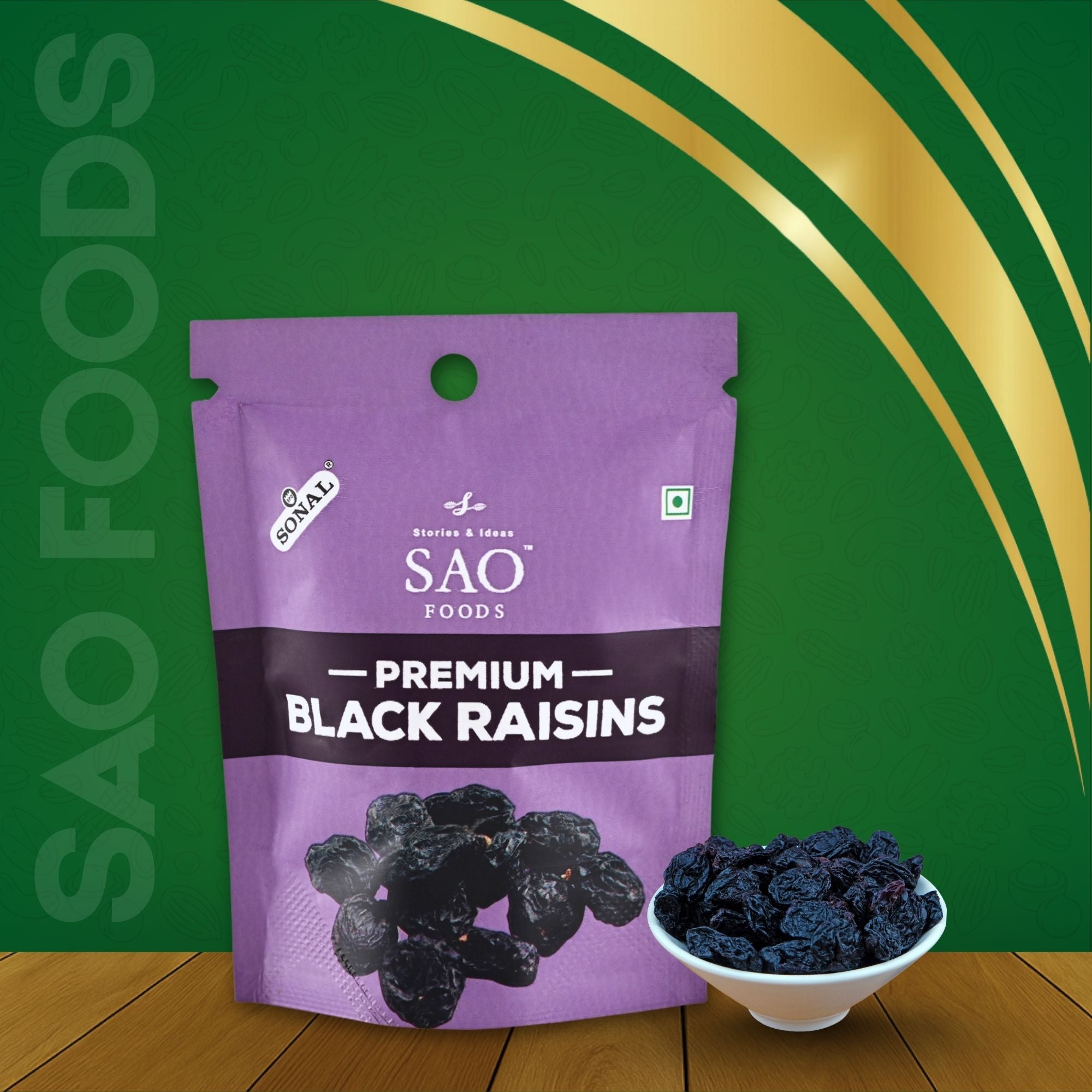SAO Foods Premium Black Raisins with a bowl of raisins