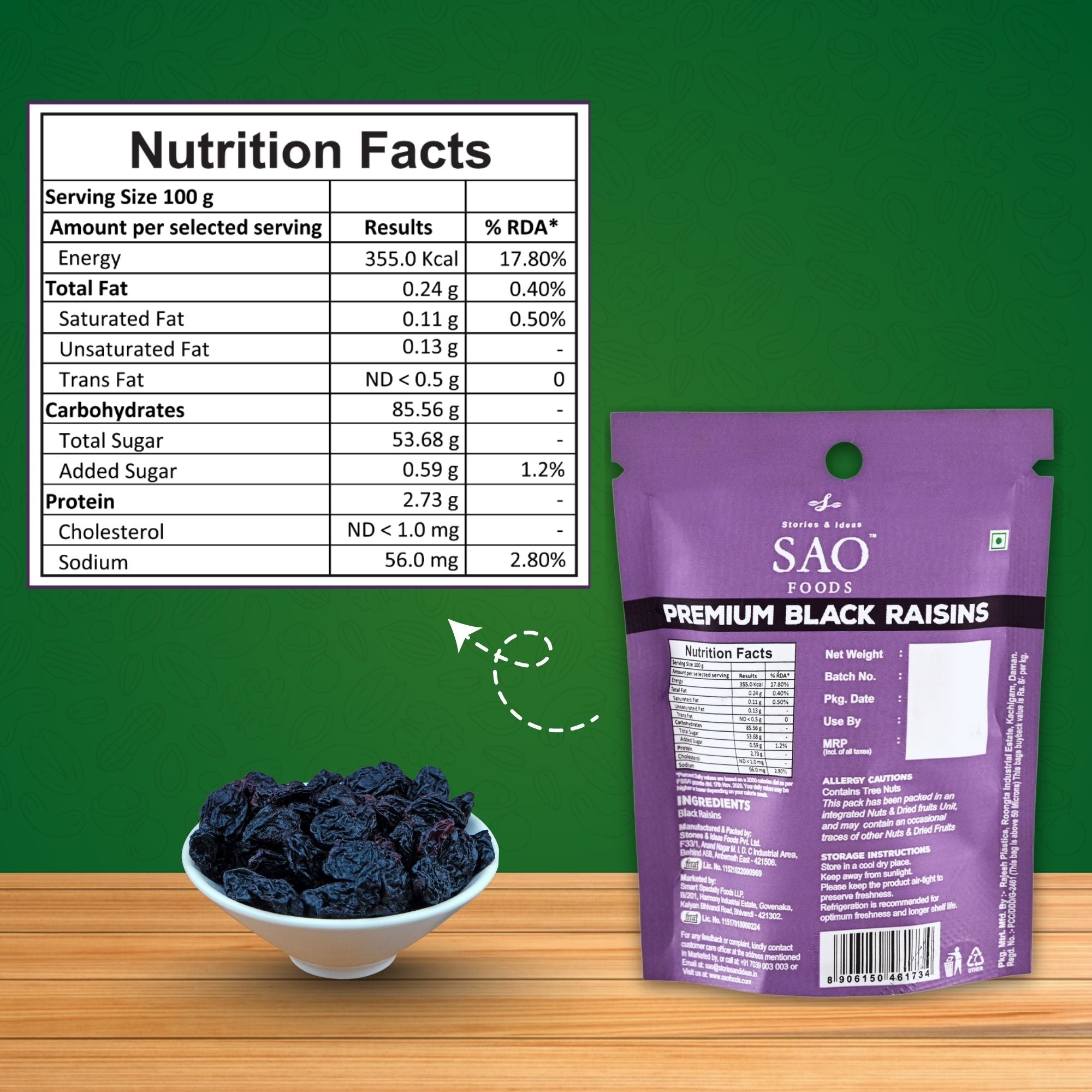 SAO Foods Premium Black Raisins with nutrition facts