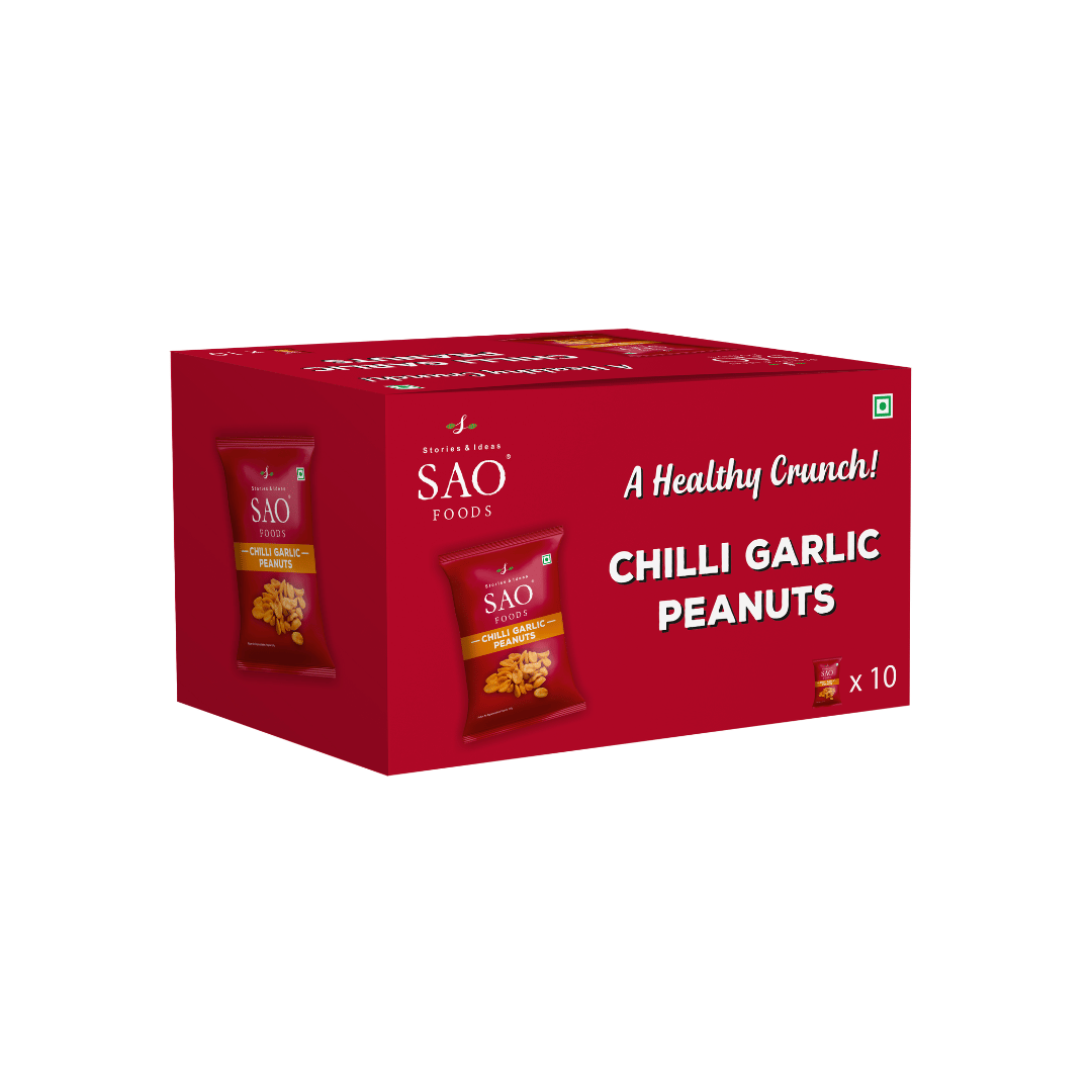 A box of SAO Foods Chilli Garlic flavored Peanuts, containing 10 small packs.

