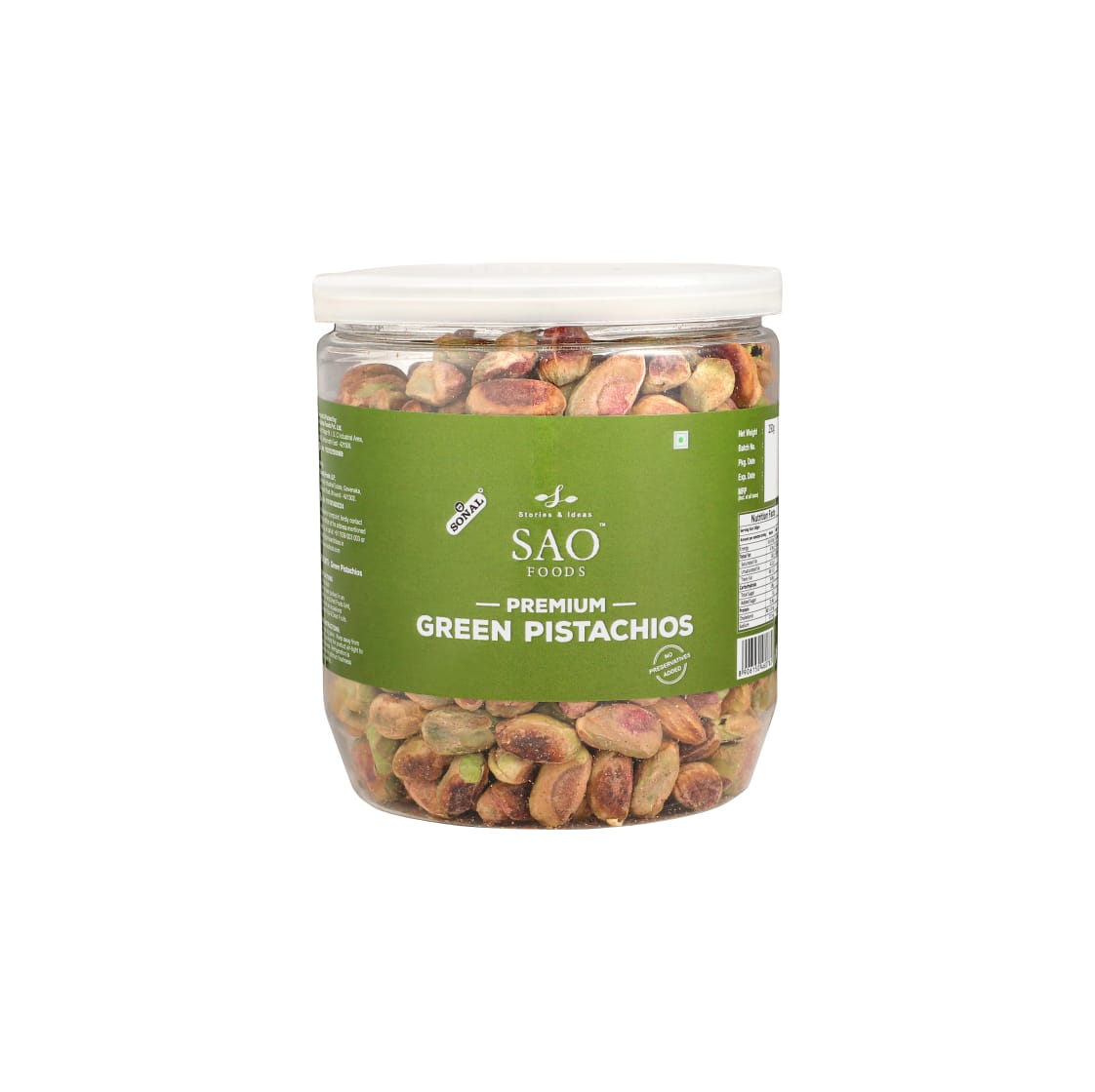 SAO FOODS Roasted & Unsalted Premium Green Pistachios 250 gm | PET Jar with Aluminum cap - SAO Foods # #