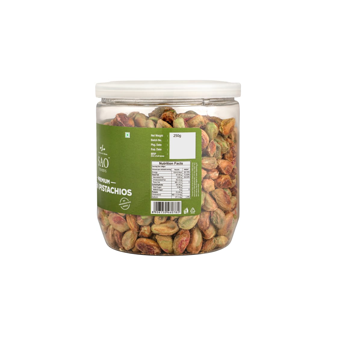 SAO FOODS Roasted & Unsalted Premium Green Pistachios 250 gm | PET Jar with Aluminum cap - SAO Foods # #