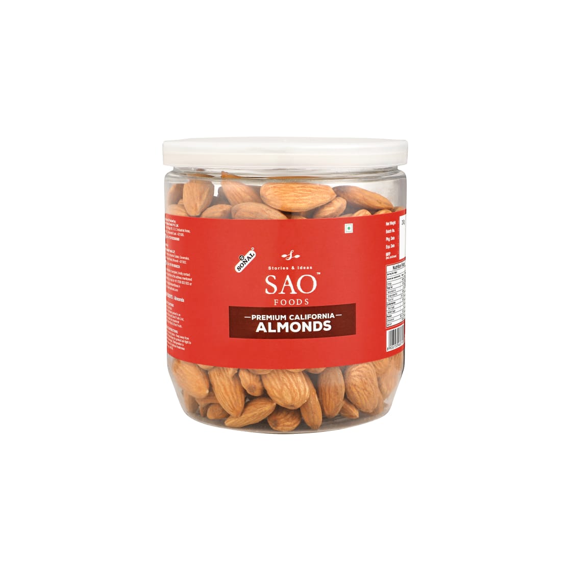 SAO FOODS Roasted & Unsalted Premium California Almonds 250 gm | Jumbo Size | PET Jar with Tin cap - SAO Foods # #