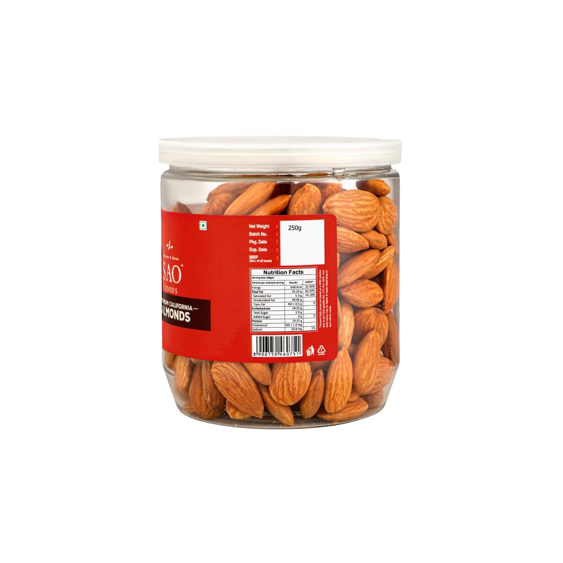 SAO FOODS Roasted & Unsalted Premium California Almonds 250 gm | Jumbo Size | PET Jar with Tin cap