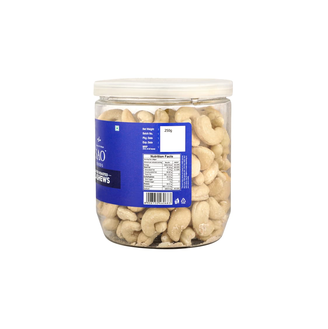 SAO FOODS Roasted & Unsalted Premium Cashews 250 gm | PET Jar with Aluminum cap - SAO Foods # #