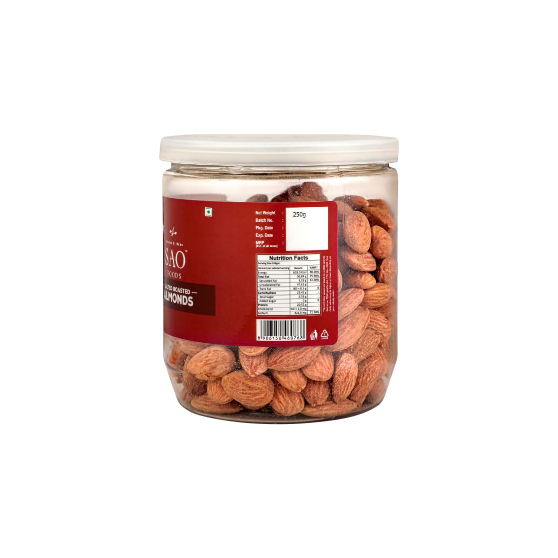 SAO FOODS Roasted & Salted Almonds 250 gm | PET Jar with Aluminum cap - SAO Foods # #