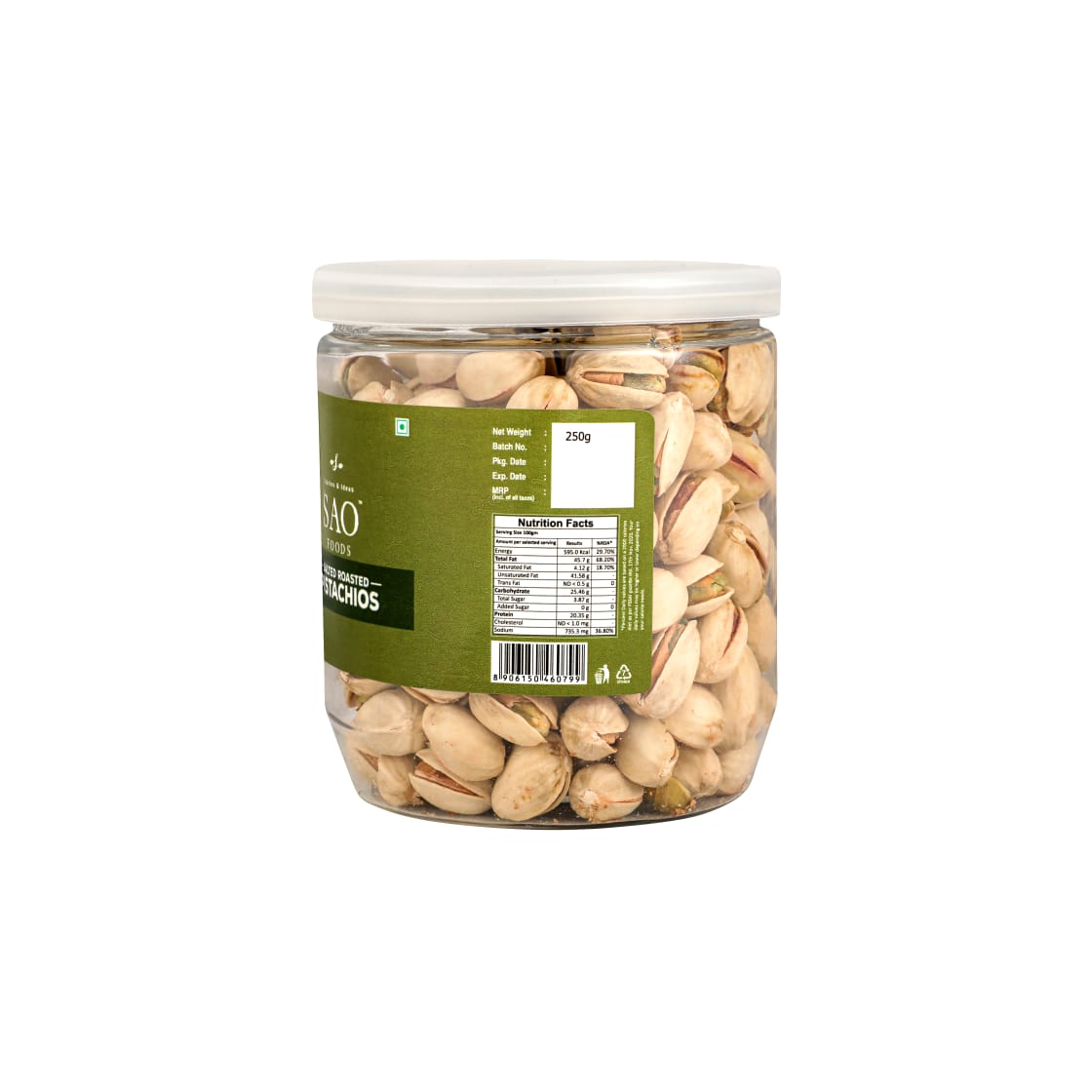 SAO FOODS Roasted & Salted Pistachios 250 gm | PET Jar with Aluminum cap - SAO Foods # #