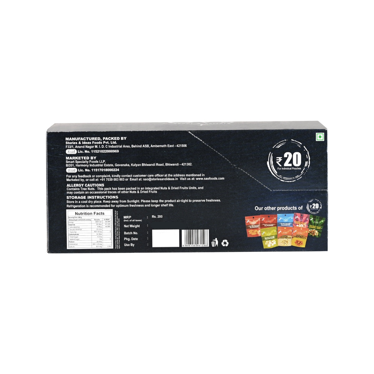 Back side of SAO Foods unsalted roasted cashews assorted 100g in 10 small packs