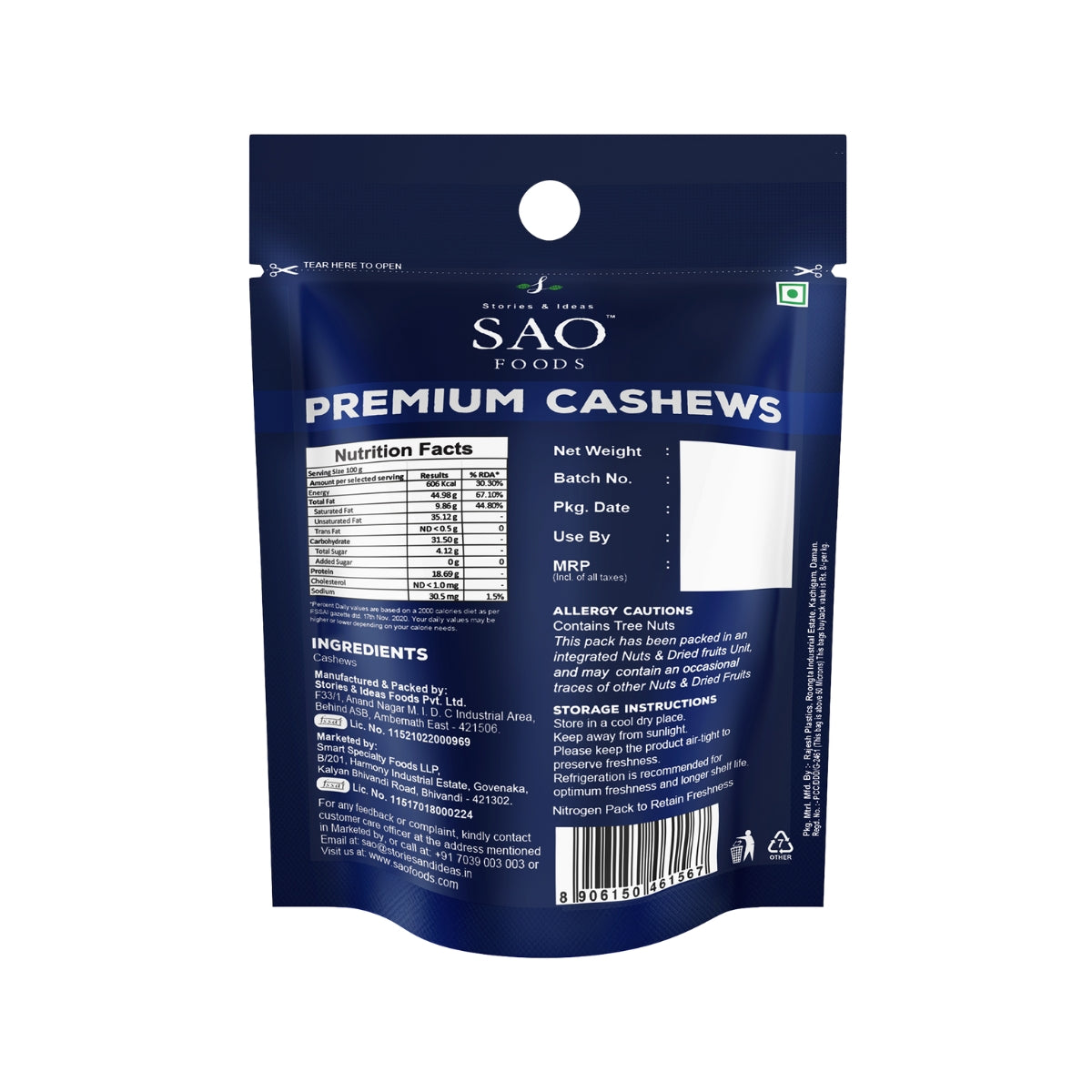 Back side of SAO Foods unsalted roasted cashews small pack 10g