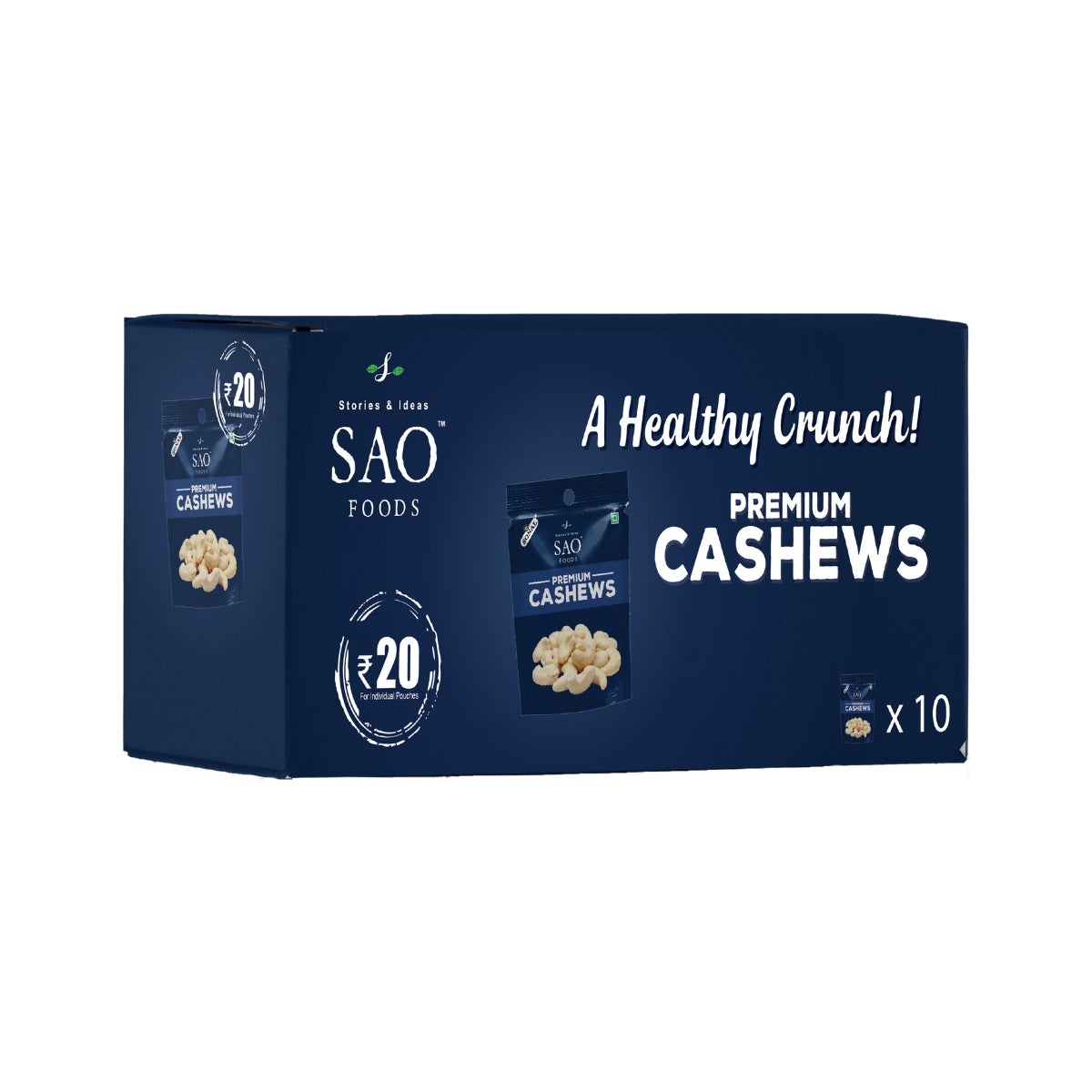 3d image of SAO Foods unsalted roasted cashews assorted pack - 100g