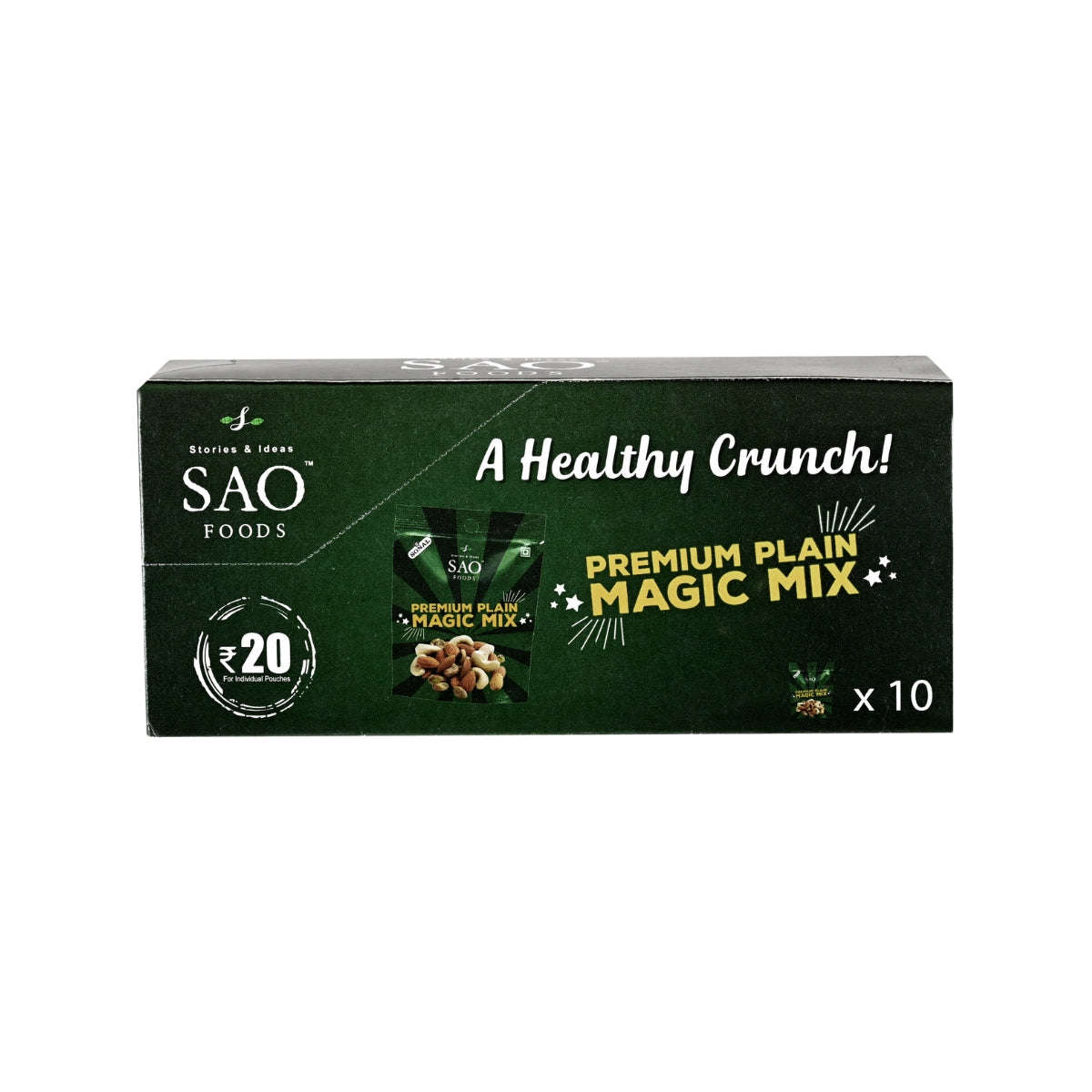Packaging of SAO Foods Premium Plain Magic Mix featuring a green color theme with text and branding, indicating the product is a healthy crunchy nut mix, unsalted, in a box containing 10 small packs.