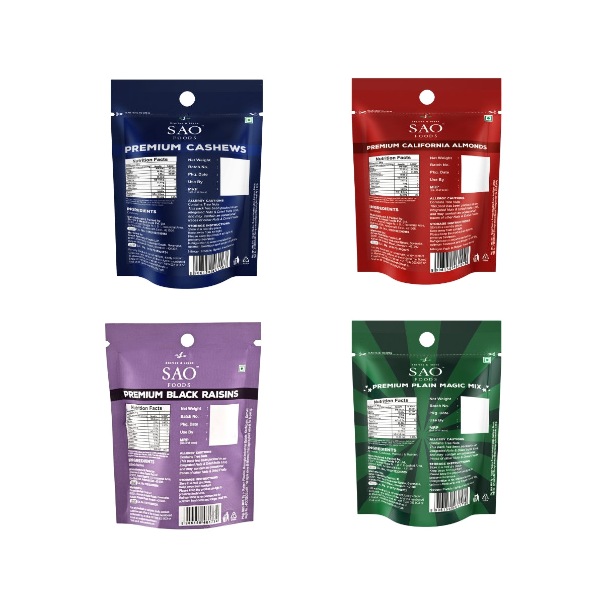 Back side of four small packs of unsalted roasted cashews, almonds, black raisins, and mixed nuts