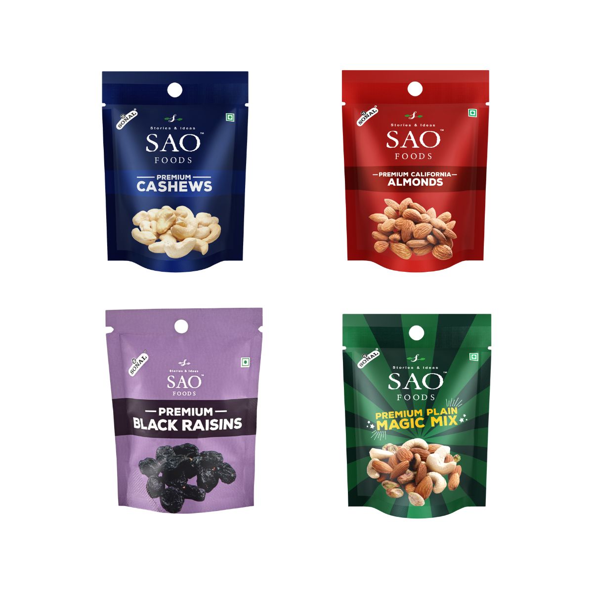 Four small packs of unsalted roasted cashews, almonds, black raisins, and mixed nuts