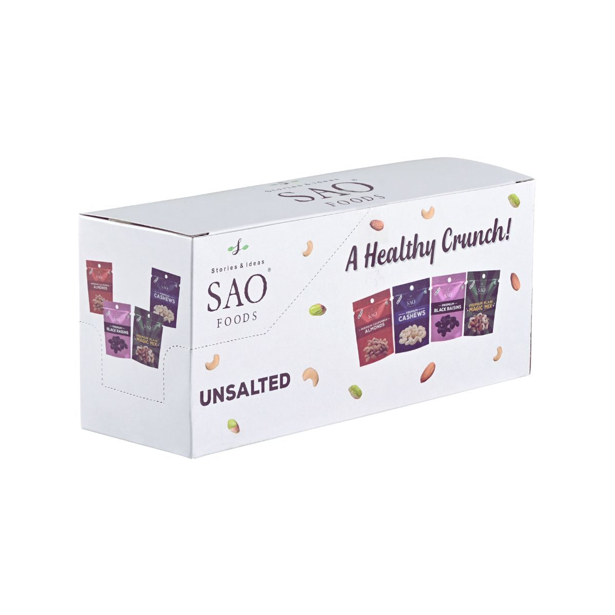 3d pack of Unsalted roasted nuts assorted | cashews, almonds, black raisins, and mixed nuts