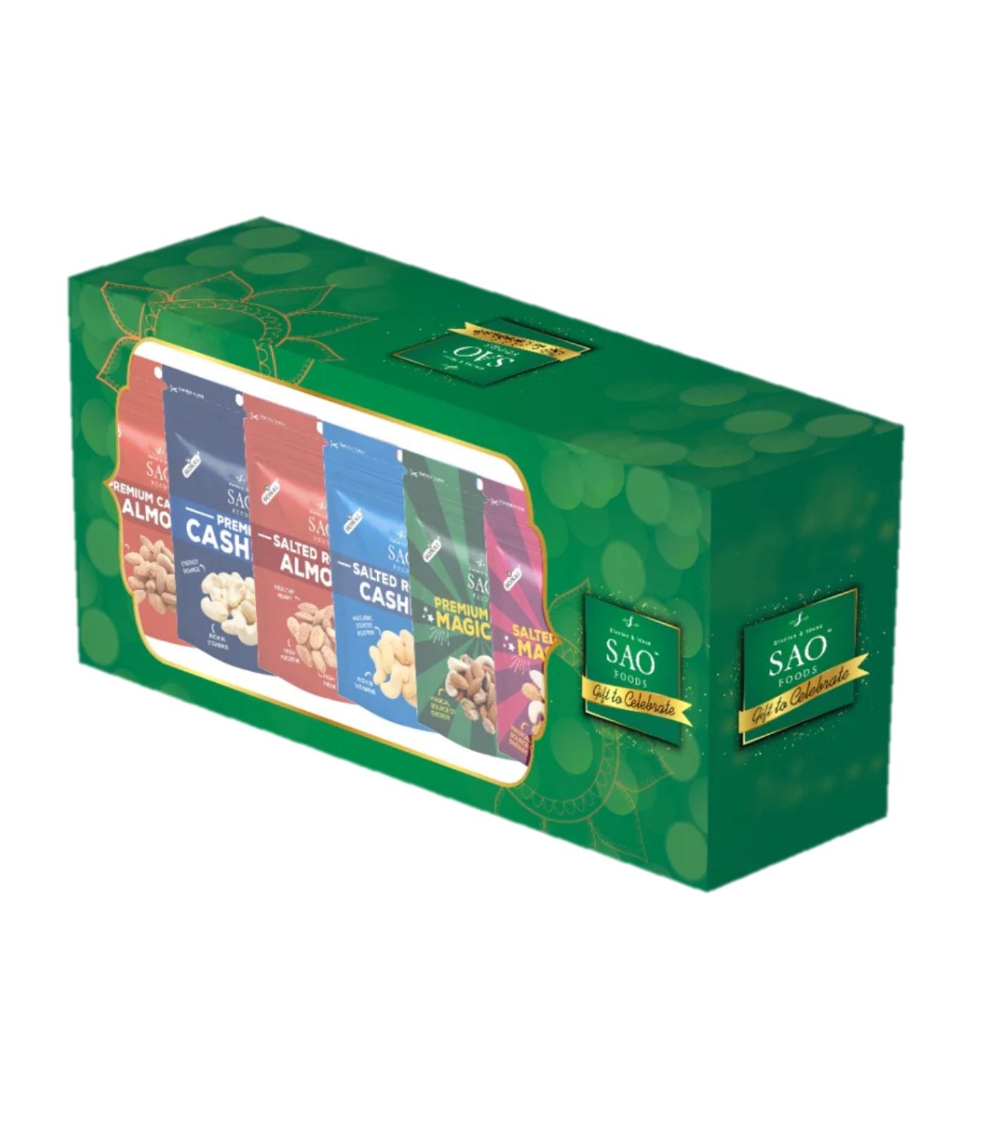 Green box of Sao brand snacks with visible product packaging