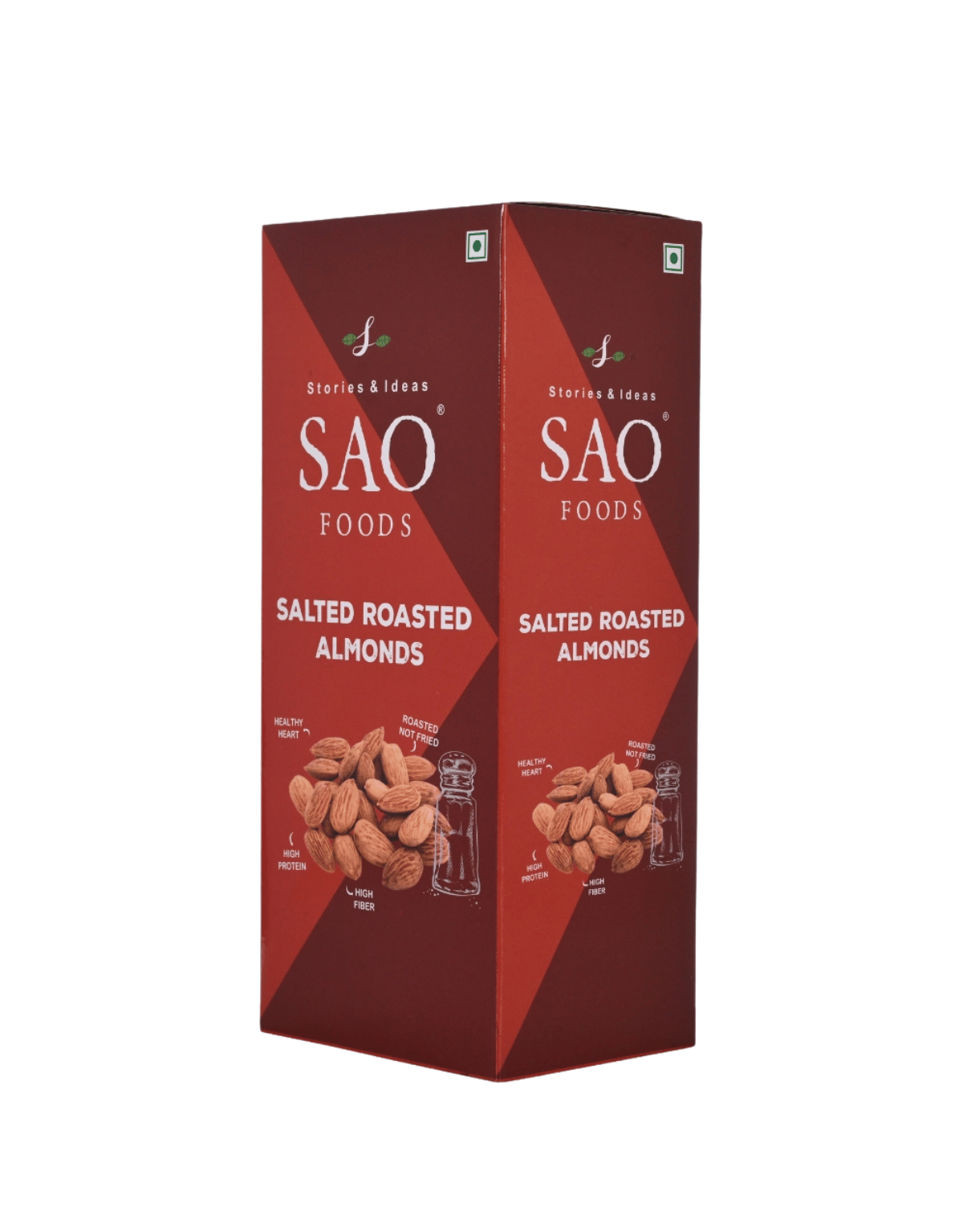A 250g Zip-lock pouch of SAO Foods Salted & Roasted Almonds in a packaging box.