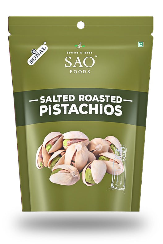 SAO FOODS Roasted & Salted Pistachios Rs.20 each (10 small snacking packs of 10gm each)