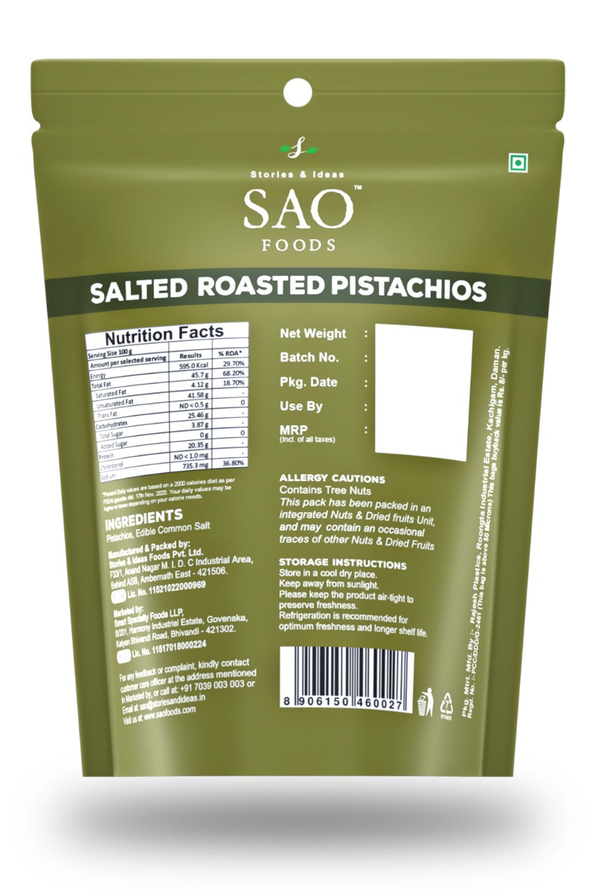 SAO FOODS Roasted & Salted Pistachios Rs.20 each (10 small snacking packs of 10gm each) - SAO Foods # #