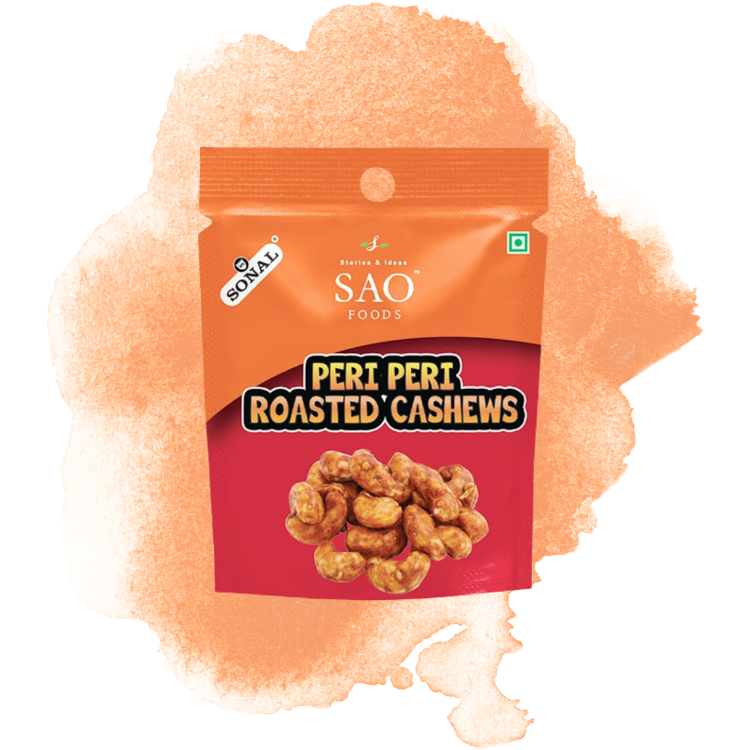 SAO FOODS Peri Peri Roasted Cashews Rs.20 each (10 small snacking packs of 12gm each)